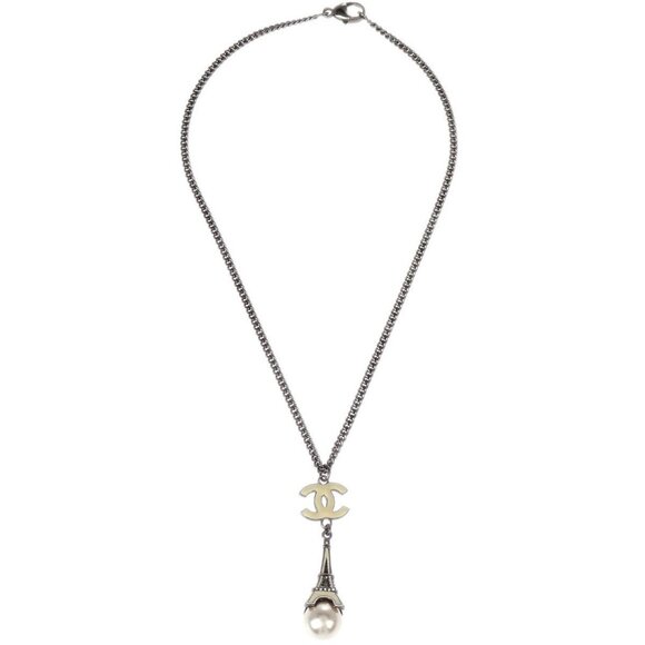 Chanel Eiffel Tower Artificial Pearl Rhinestone Silver Chain Necklace 06C 195598 - Picture 2 of 4